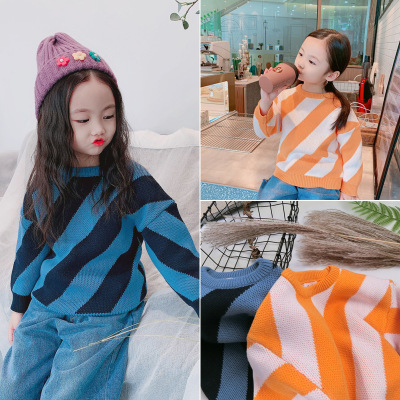 童装批发 秋冬款 斜条纹中童小童男女男 加厚纯棉上衣针织童毛衣|ru