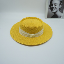 法式復古外貿出口韓國黃色棕色巴拿馬鏤空平頂禮帽女沙灘遮陽草帽