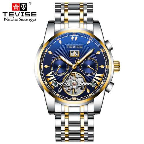 Swiss TEVISE Fashion Business Men's Mechanical Watch, Waterproof Tourbillon Steel Strap Watch, Multi-functional Men's Watch