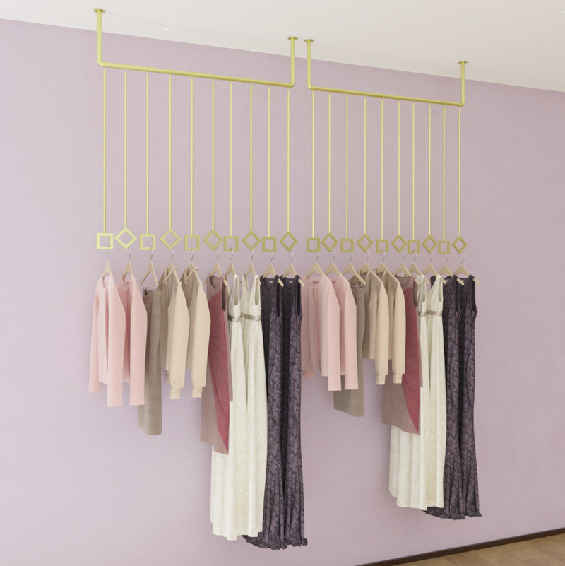 服裝店展示架吊頂懸挂衣架鐵藝上牆金色吊架女裝店衣服貨架陳列架
