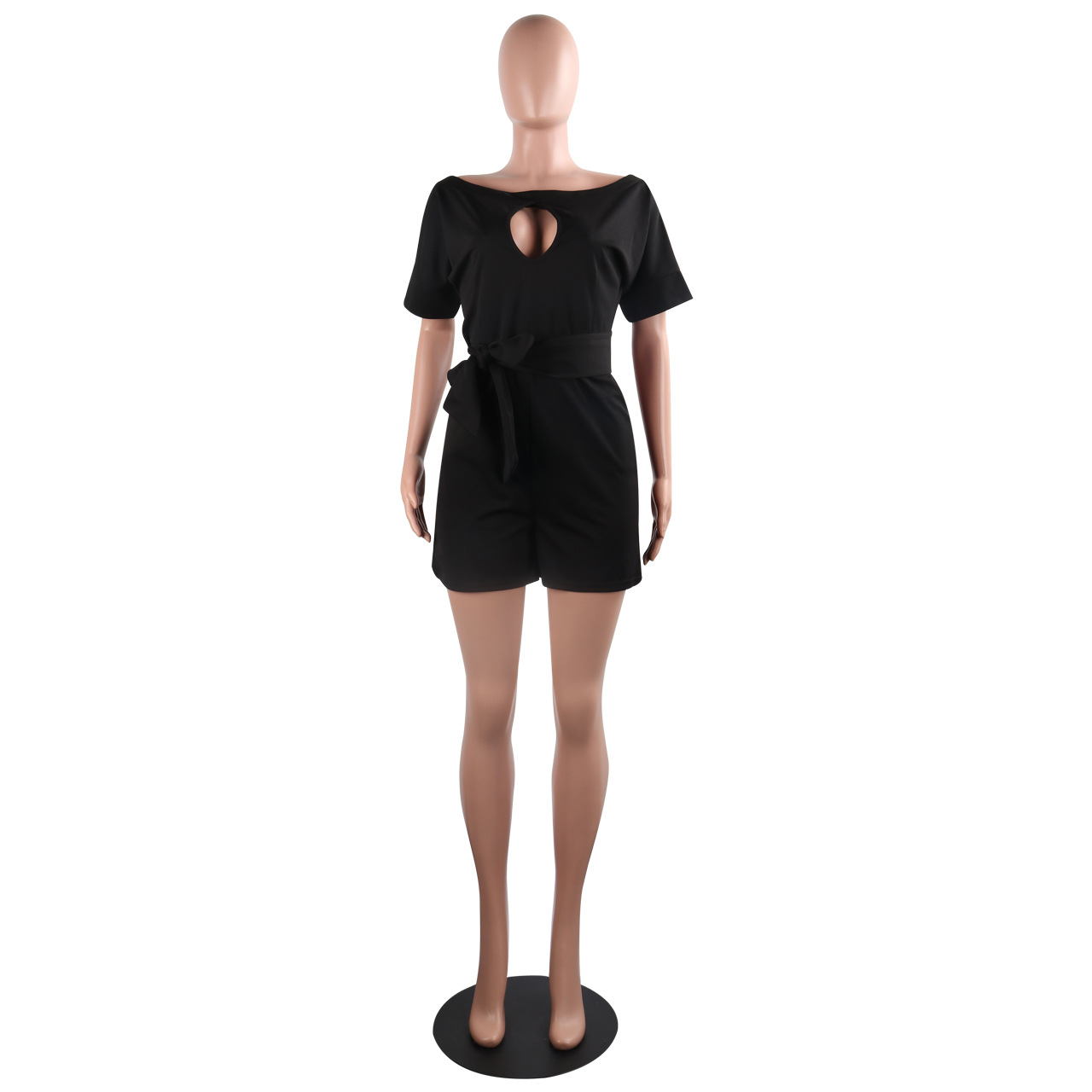 Classic Solid Color Round Neck Hollow Out Cutout Out Short Sleeved Jumpsuit