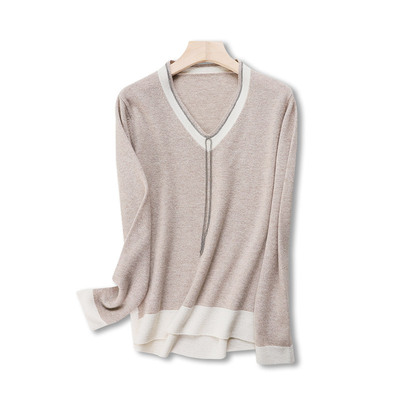 2019秋冬季节全羊毛毛衣女V领日系套头去纯羊毛衫女式打底针织衫