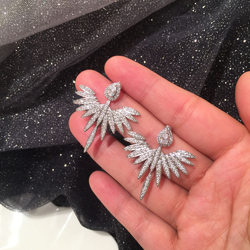 Fashion S925 Silver Needle Angel Wing Earrings Micro-set Zircon Water Drop Fan Earrings display picture 3
