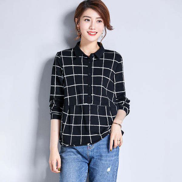 Checker shirt Nvqiu new slim long sleeve blouse Pullover