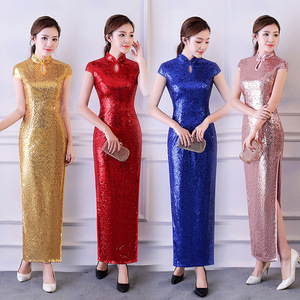 Women stage performance Sequin long qipao dresses stage cheongsam show miss etiquette chinese dresses