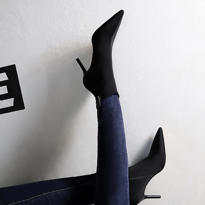 8788-1 European and American style and nude boots thin heel high heel pointed elastic Lycra sexy nightclub show thin short boots thin boots