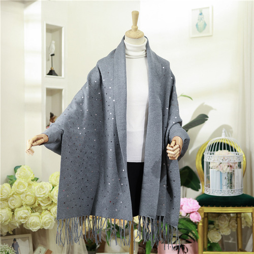 New sequined scarf shawl autumn and winter women's knitted solid color tassel cape large size loose coat to keep warm