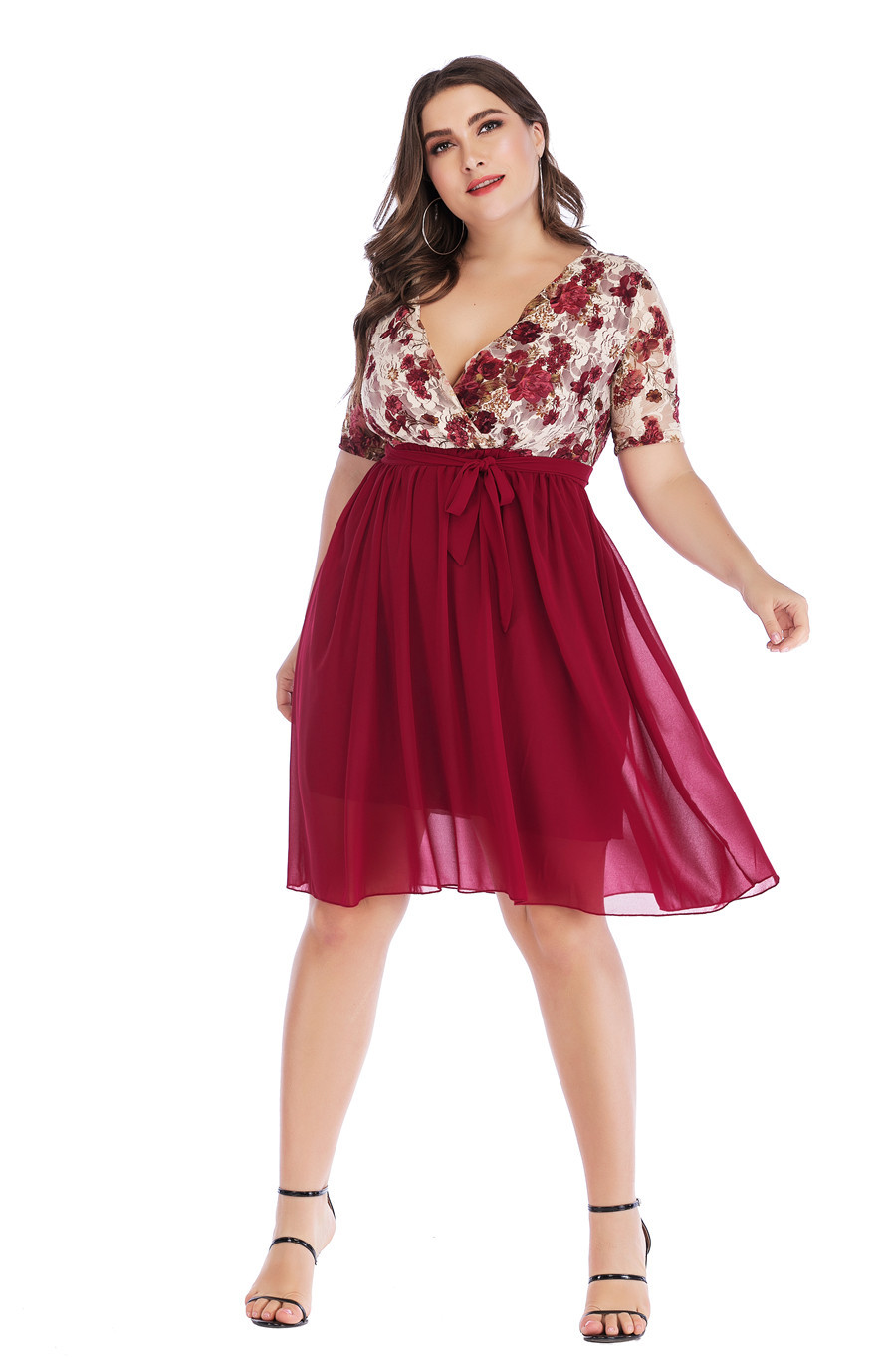 plus size sexy V-neck lace print stitching chiffon dress  NSYD35376