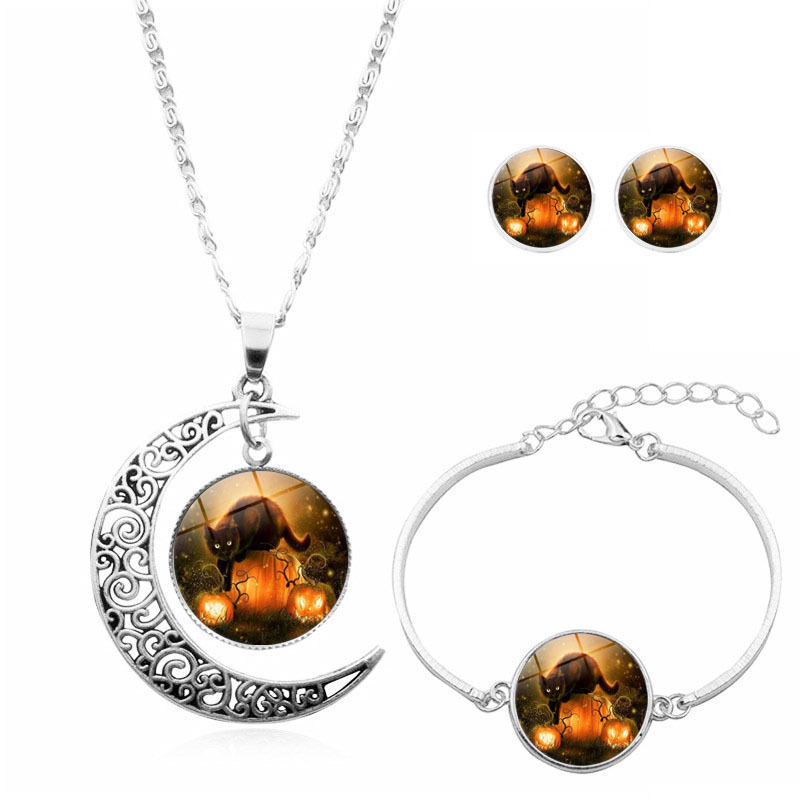 Halloween Katzen Schmuckset Mit Halbmond Zeit-edelstein_voghion.com