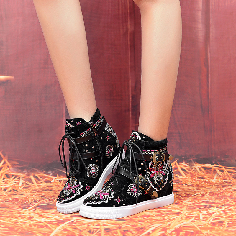 40 size genuine leather ethnic style muffin bottom belt buckle lace-up hidden height ankle boots European and American cow suede ankle boots A441