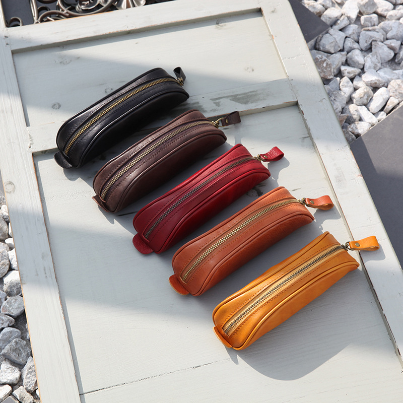 2020 new pattern manual Retro Cosmetic Vegetable tanned leather The first layer cowhide Pencil bag genuine leather Storage bag Pencil bag Manufactor