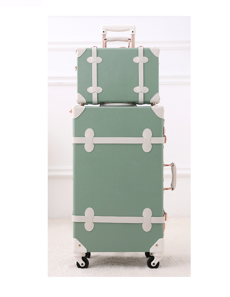 Vali kéo vintage da màu xanh lá cây 20 inch bánh xe xoay 360 độ, kèm hộp quà tặng — trà xanh matcha chi tiết 9