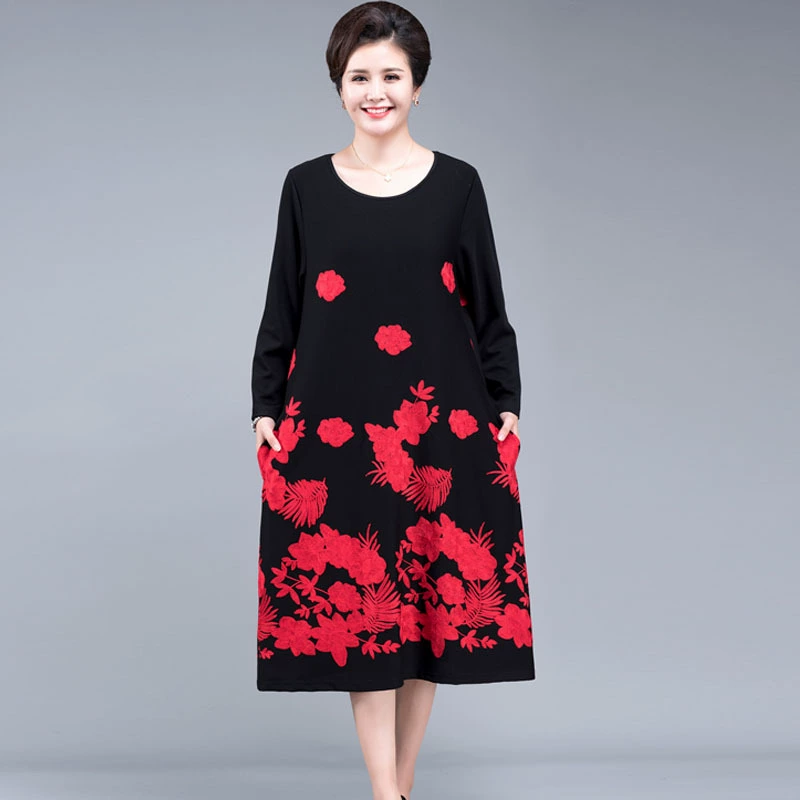 Юбка с вышивкой и длинным рукавом для женщин среднего и пожилого возраста специального размера в Корейском стиле, длинное платье, базовая юбка на три сезона, 2010