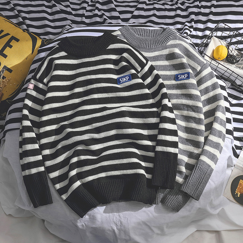 秋冬季新款ins條紋毛衣男原宿風線衣港風學生韓版情侶潮流針織衫