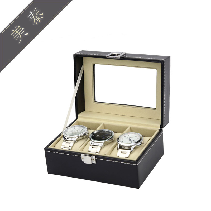 3位手表盒黑色PU皮手表展示收纳箱手表首饰收纳盒展示盒厂家批发