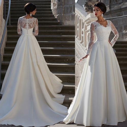 Foreign Trade V-neck Long Sleeve Wedding Dress 2019 Spring New European Simple Trailing Slim-fit Slim-fit Bridal Lace
