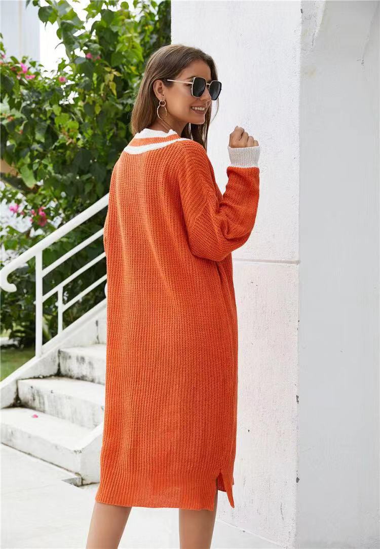 V-neck contrast color mid-length dress sweater NSYD35373