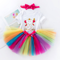 跨境ins新款0-2歲寶寶生日卡通印花短袖哈衣彩色手工裙三件套批發