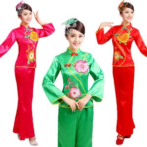 Women chinese yangko dance costumes red green yellow fan umbrella dance dress Yangko dress female adult fan dance performance waist drum square dance dress