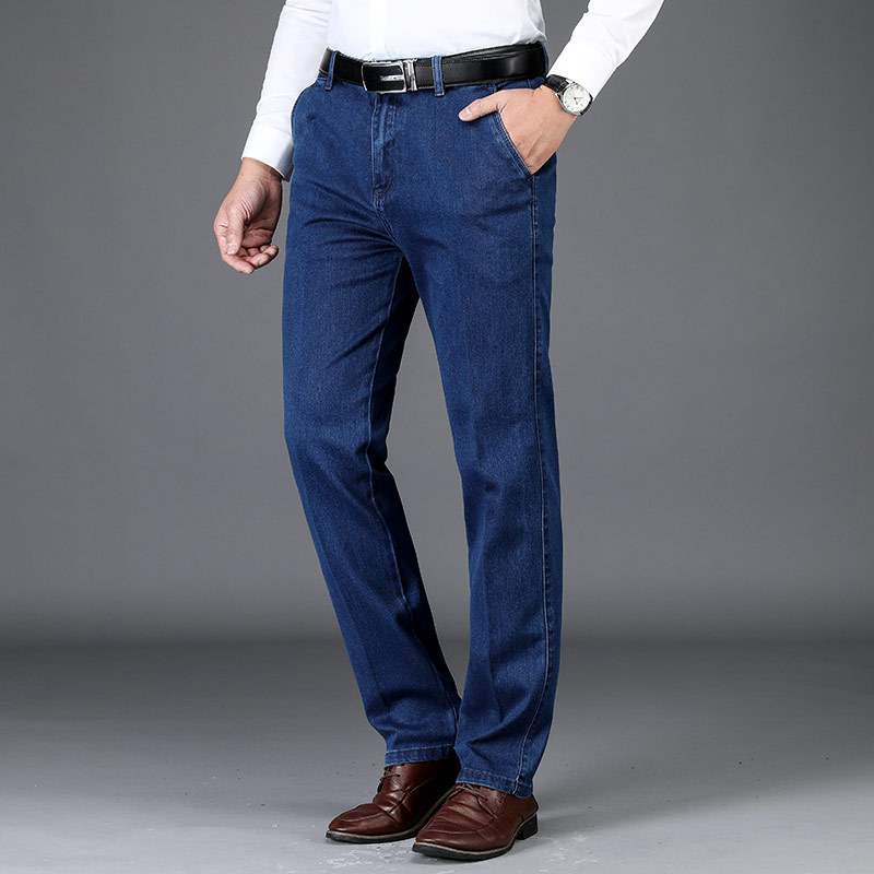 Dipped Loose Straight Jeans Men's Business Dad High Waist Open Bag Denim Pants Cotton Soft Health Pants