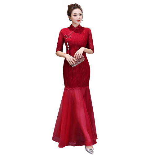 Wine lace Toast banquet evening party dress for women bride wedding party dress host singers cheongsam model show miss etiquette dresses