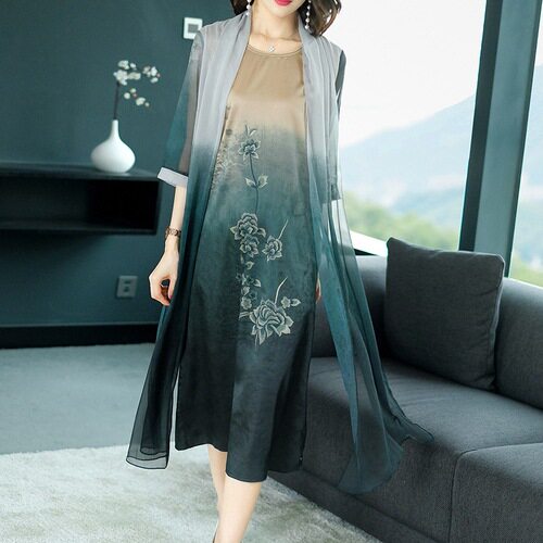 Dresses mother spring and summer fake two pieces  new Chinese style women's long section printed western style knee skirt