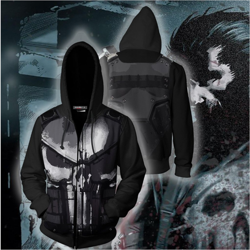 Factory direct foreign trade 3D printing Punisher zipper shirt AliExpress supply hooded zipper sweater