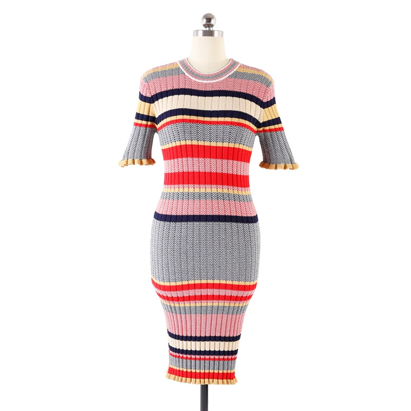 Цветные полосатые ямы шерстяные трикотажные платья для похудения модные модные платья