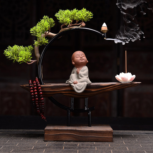 Chinese Zen style weathered wood ornaments creative backflow incense burner little monk large household agarwood and sandalwood aromatherapy burner