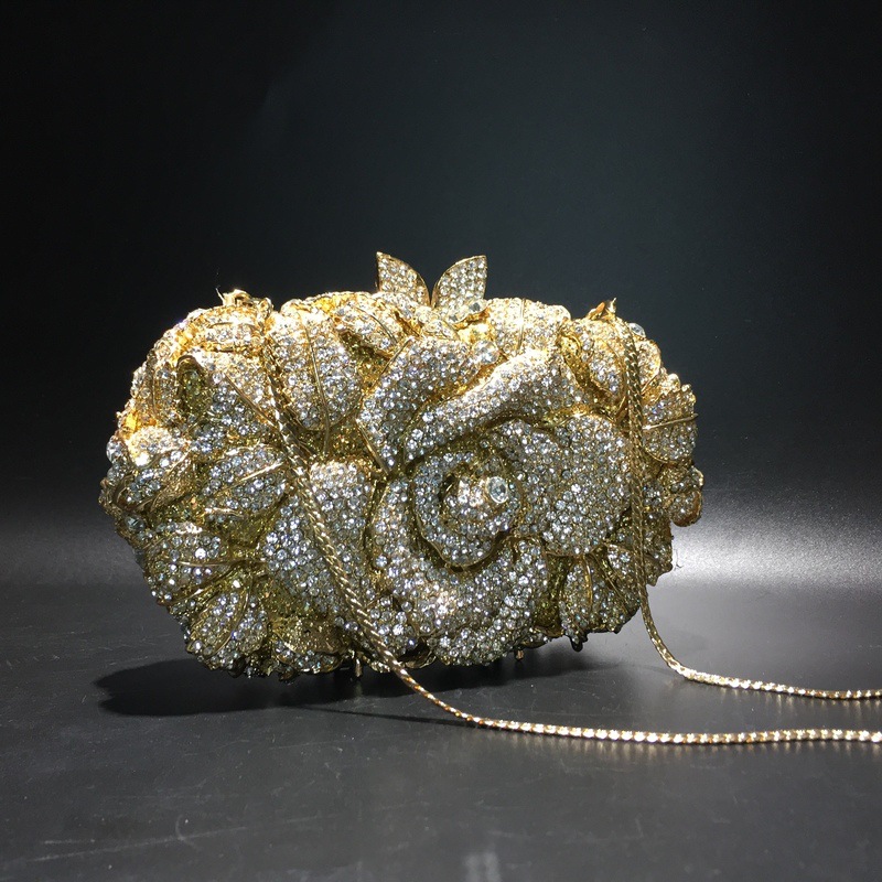 Túi clutch nữ đính kim cương hoa rỗng dạ tiệc — Nền vàng kim cương trắng, Đế vàng kim cương, Màu vàng kim, Màu đen chi tiết 32