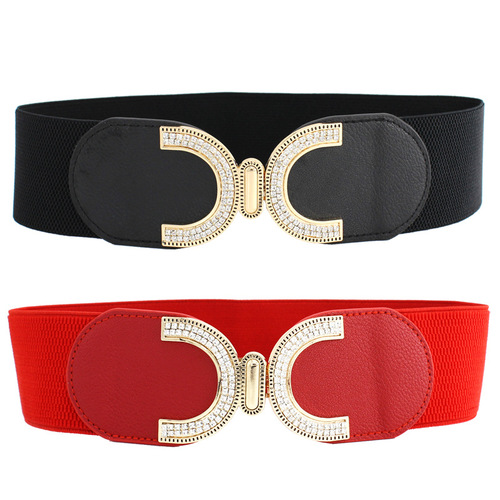 Women's rhinestone inlaid elastic elastic waistband sweet double C buckle dress slim waist wide belt one piece drop shipping