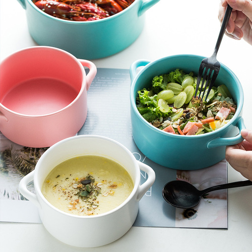 Creative ceramic double-ear soup pot household soup bowl salad baked rice bowl kitchen hotel tableware ornaments set
