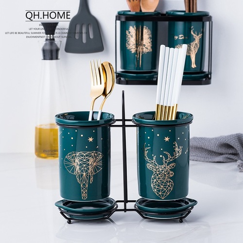 Emerald light luxury ceramic chopstick tube chopstick basket drain chopstick box home wall-mounted chopstick cage kitchen storage bucket