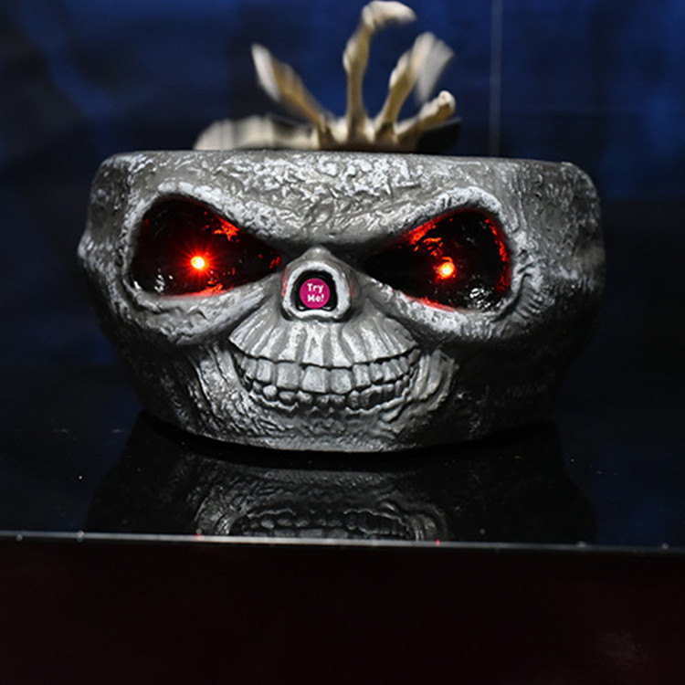 Skull Head Scary Eye Halloween Candy Bowl with Moving Hand
