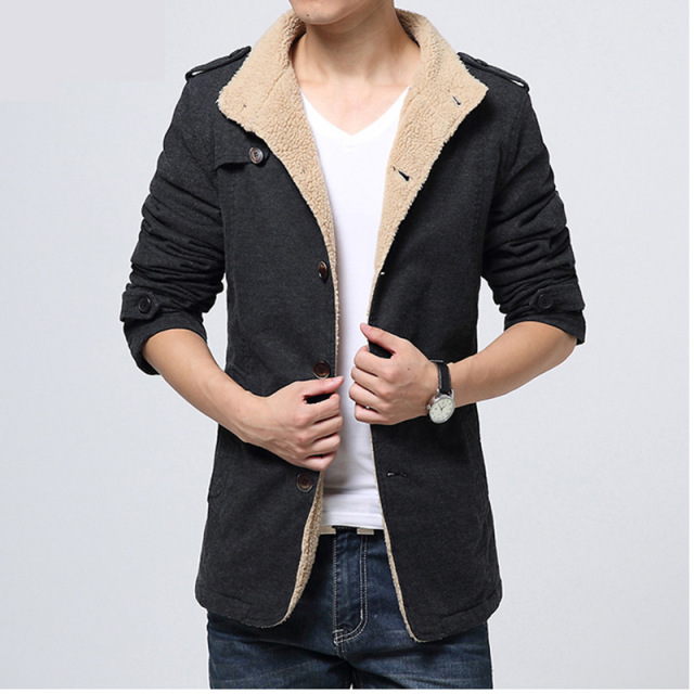 Autumn and winter men’s stand collar cotton Plush medium length coat large windbreaker jacket