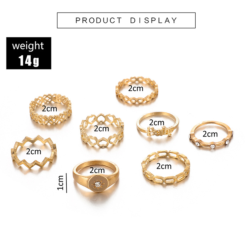 New Hollow Knotted Joint Ring Simple Letter Diamond Heart Set Of 8 Rings display picture 1
