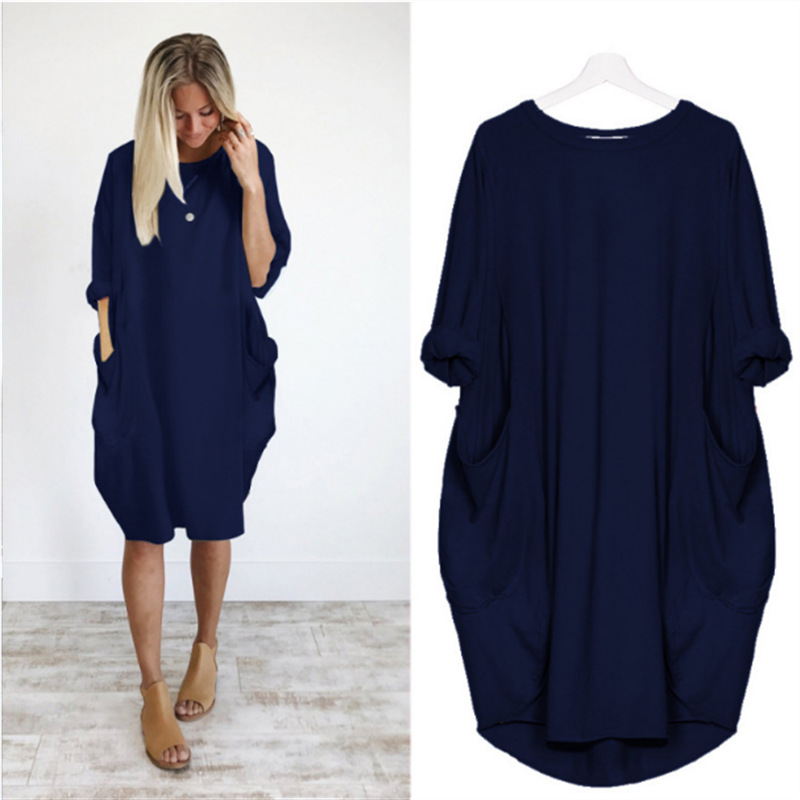 Women's T Shirt Dress Casual Round Neck Long Sleeve Solid Color Knee-length Daily display picture 6