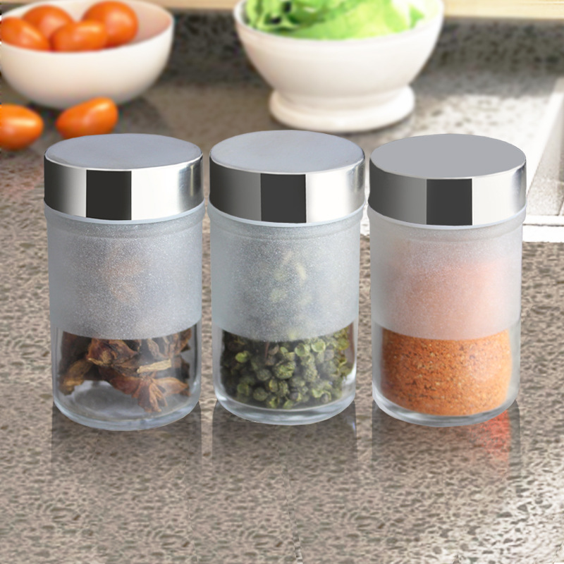 Vidrio botella de condimento botella condimento frasco tapa giratoria de acero inoxidable suministros de cocina pimentero barbacoa