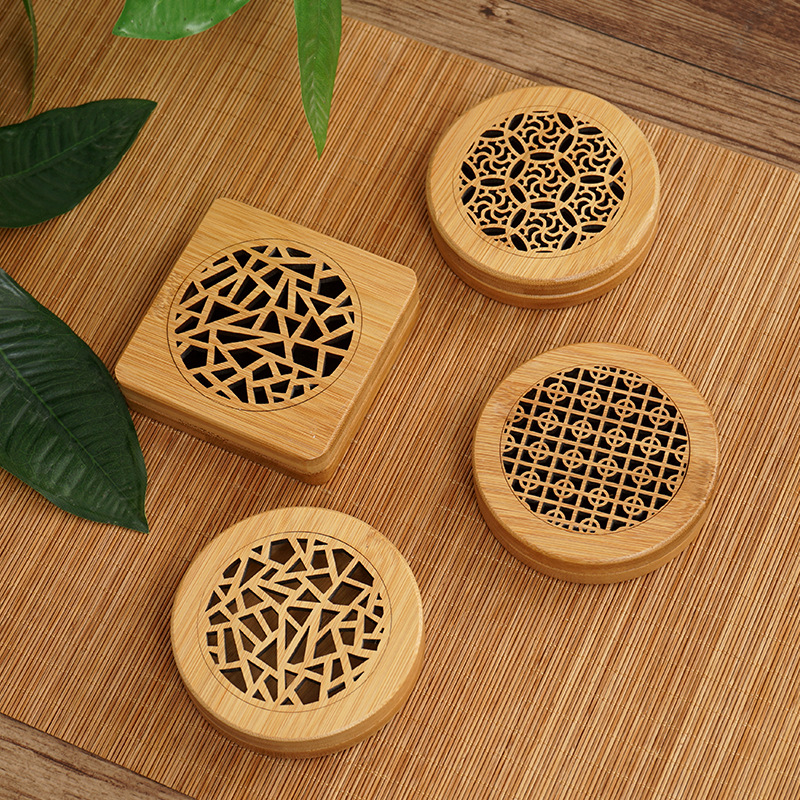 竹木熏香盒木质圆形方形雕刻镂空薰香炉家用卧室竹制盘香檀香盒子
