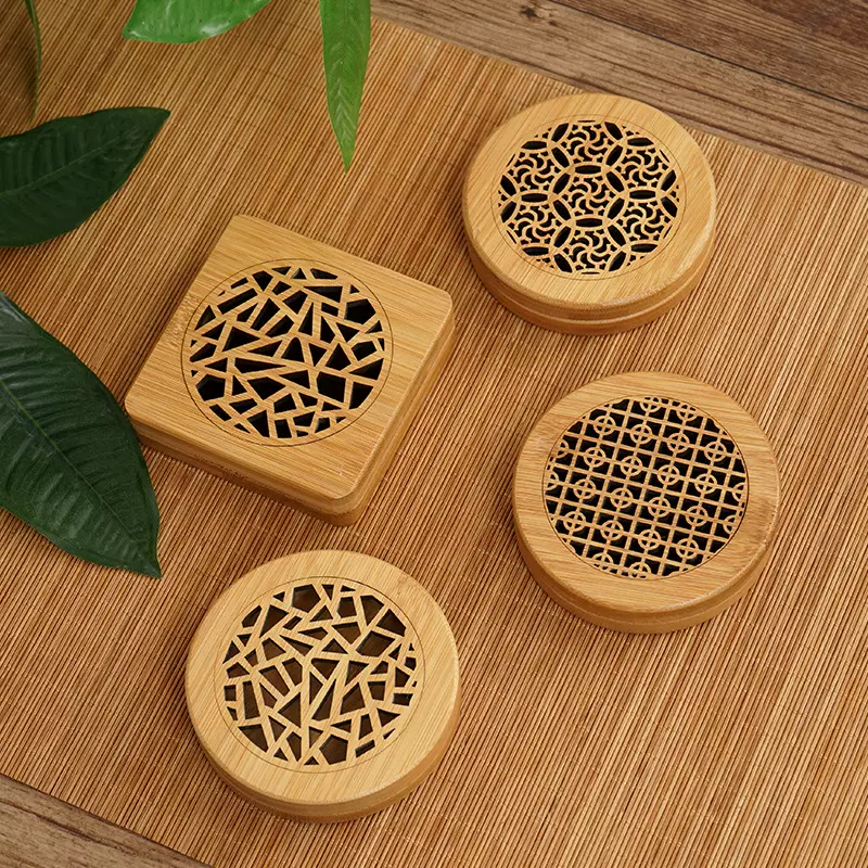 竹木熏香盒木质圆形方形雕刻镂空薰香炉家用卧室竹制盘香檀香盒子