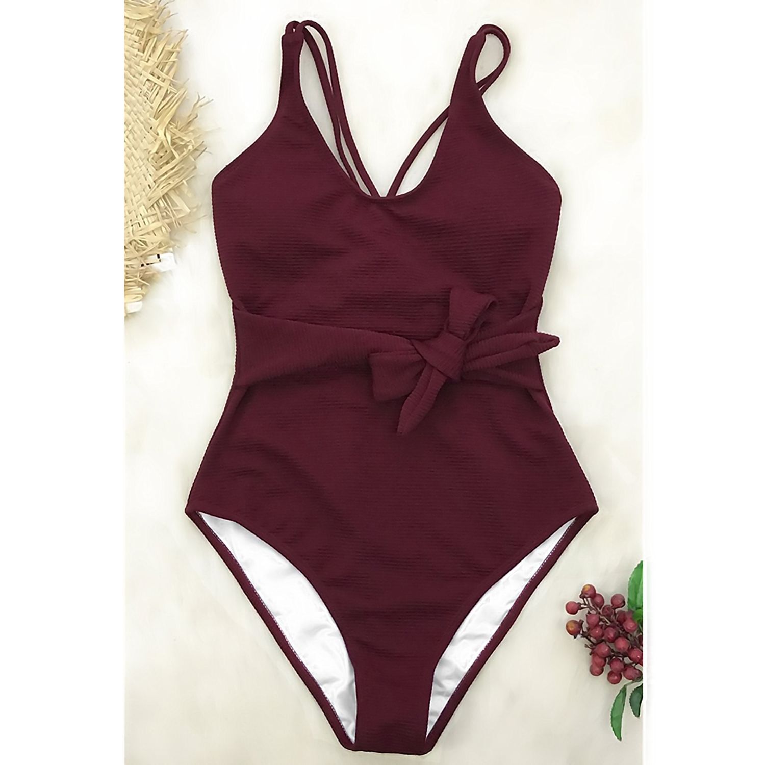 2019新款欧美泳衣 纯色系带性感连体泳衣比基尼 厂家直销一件代发