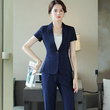 2021夏季新款短袖条纹西装正装套装韩版时尚修身显瘦气质工作服