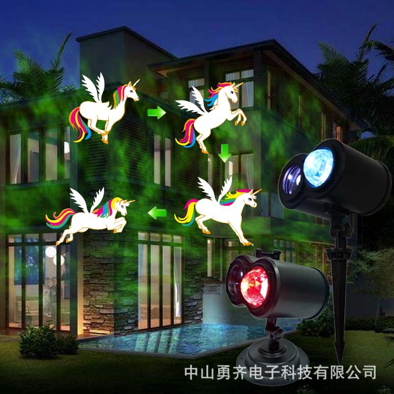 动画灯投影双筒水纹图案跨境欧美插卡万圣雪花菲林户外草坪圣诞灯