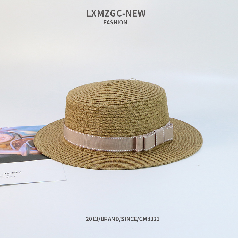 105g Weight Housewarming, Anniversary, Business, Wedding, Birthday, Festival Occasion Unisex Gender Basic Style Khaki, Coffee, White, Pink Color Summer Casual Sunscreen Flat Bow Woven Parent-child Straw Hat 4