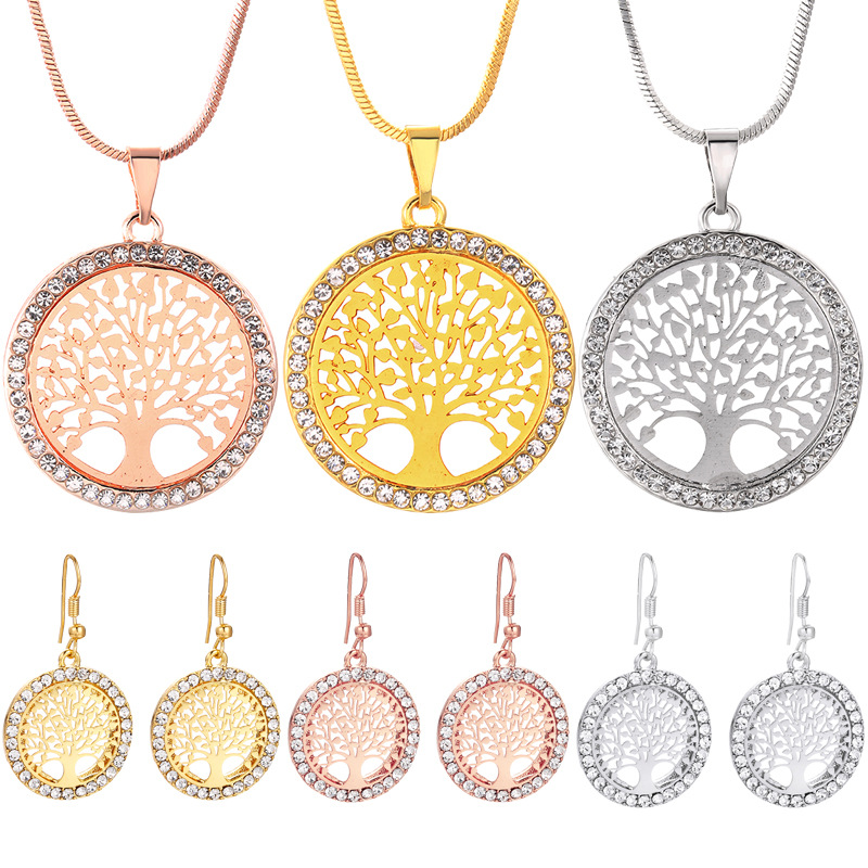 新款欧美项饰 生命之树长款项链水晶吊坠长款生命树耳环手链套装