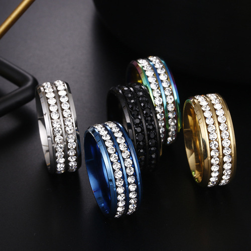 Cross-border European and American titanium steel diamond ring wholesale Korean style jewelry double row diamond zircon jewelry hot selling stainless steel ring