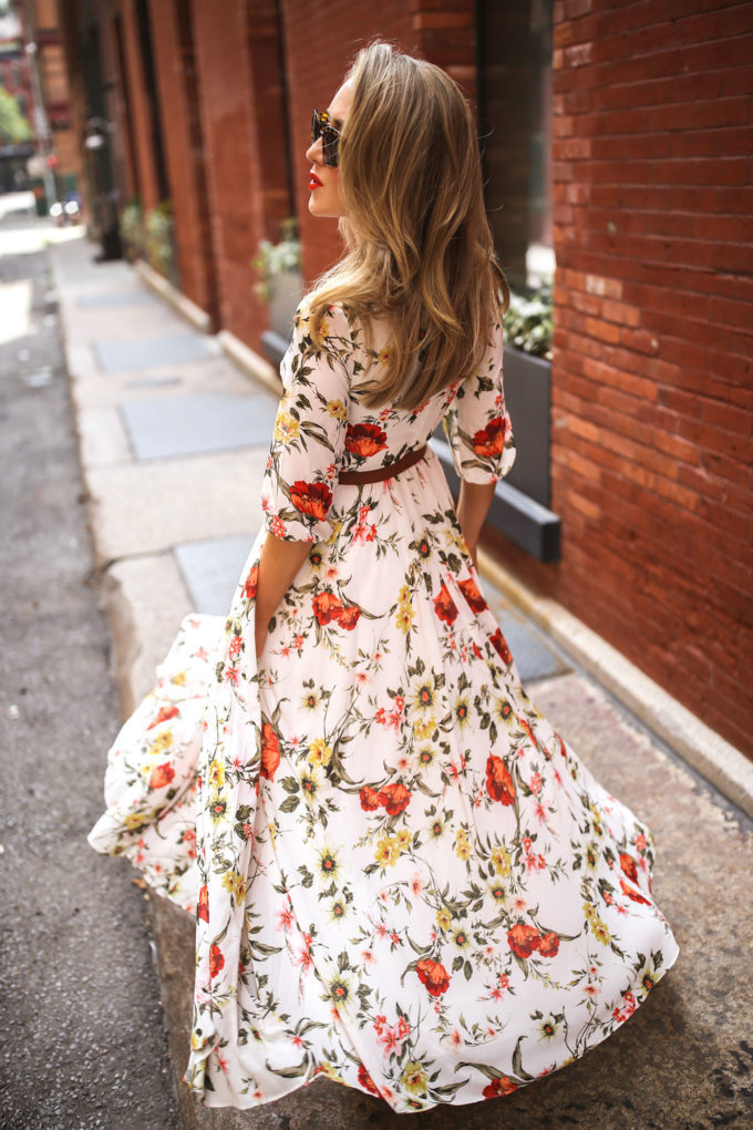 Robe ceinture transfrontalière à imprimés européens et américains, style bohème, col rond, manches trois-quarts, jupe longue._voghion.com