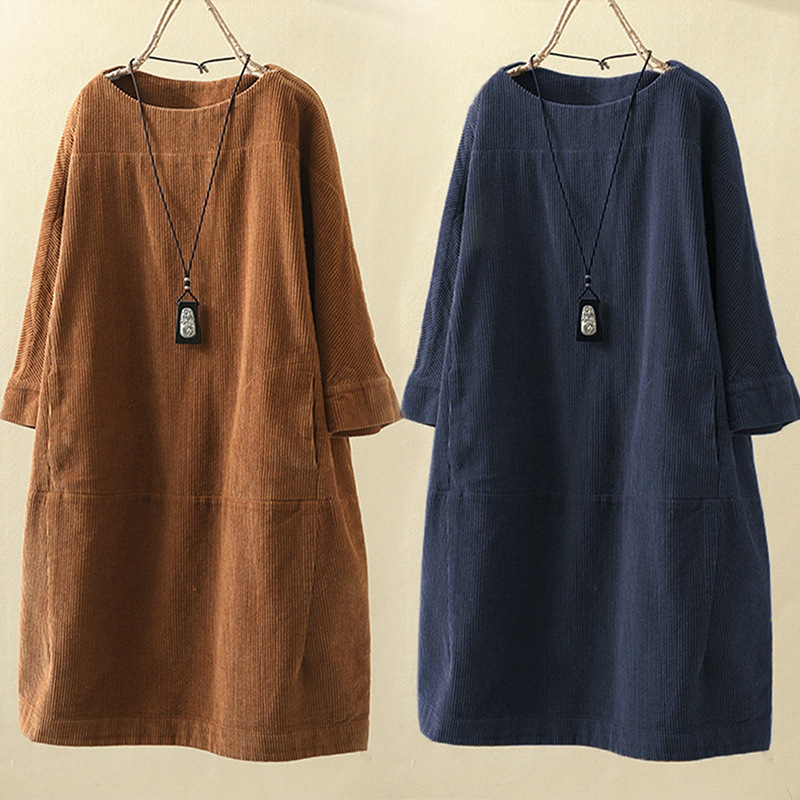 现货 2021秋冬季女欧美女装亚马逊复古文艺灯芯绒连衣裙棉麻女