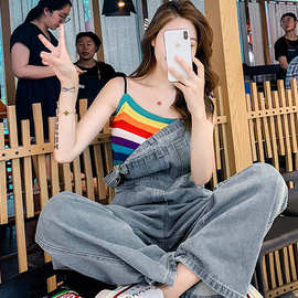 时尚女2019夏季新款高腰阔腿牛仔背带裤很仙的韩俏皮洋气减龄裤装