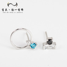 新款韩国s925纯银耳环女 个性镶钻锆石简约银耳饰几何不对称耳丁